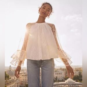LOFT Ivory Lace Blouse with Sheer Sleeves